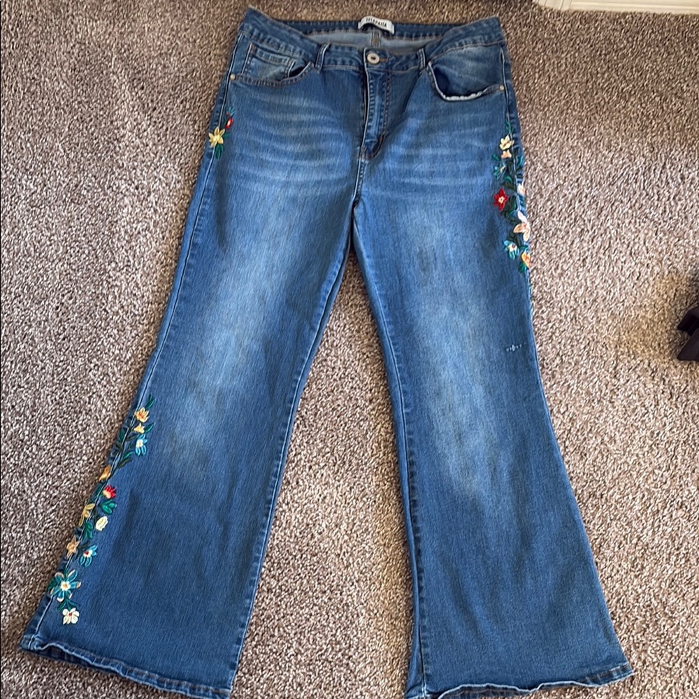 Floral Embroidered Wide Leg Jeans